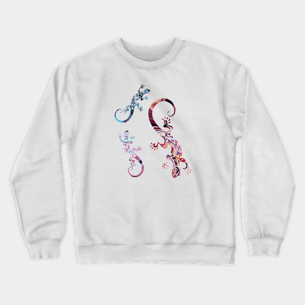 Three Ornate Geckos Colorful Lizard Illustration Crewneck Sweatshirt by VintCam